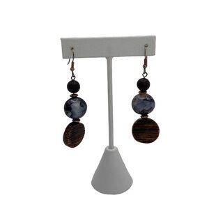 Vintage VTG Three Bead Dangle Earrings Wood Silver Tone